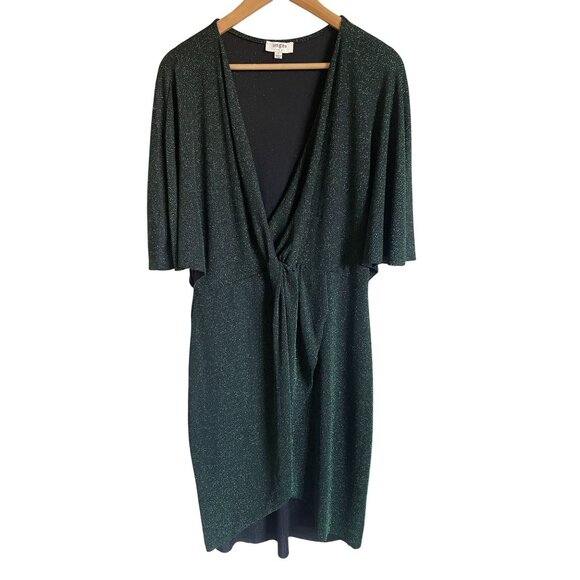 UMGEE Size Large Black Green Sparkle Twist Front Midi Dress V-Neck - Picture 1 of 6